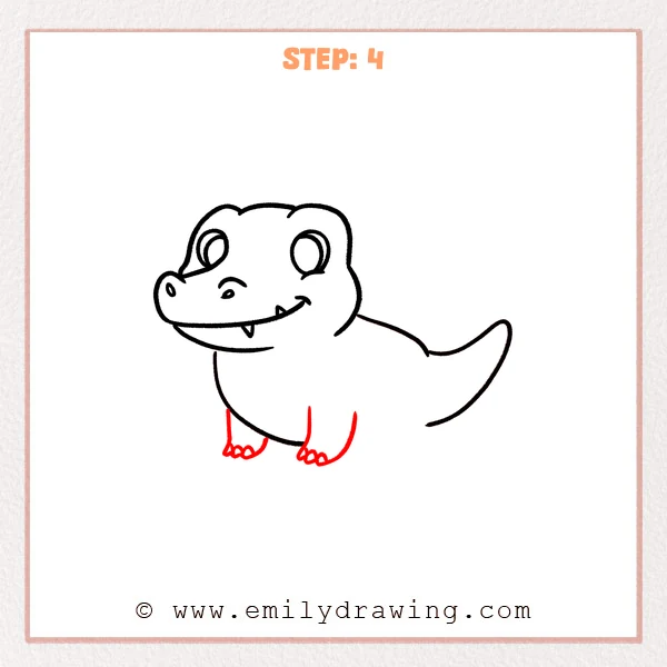 how to draw a cartoon alligator - Cartoon alligator with head and body outline, now showing two short legs underneath with three rounded toes on each foot.